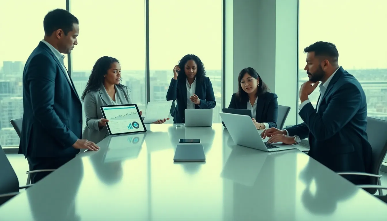 diverse team discussing energy management solutions in a modern office.