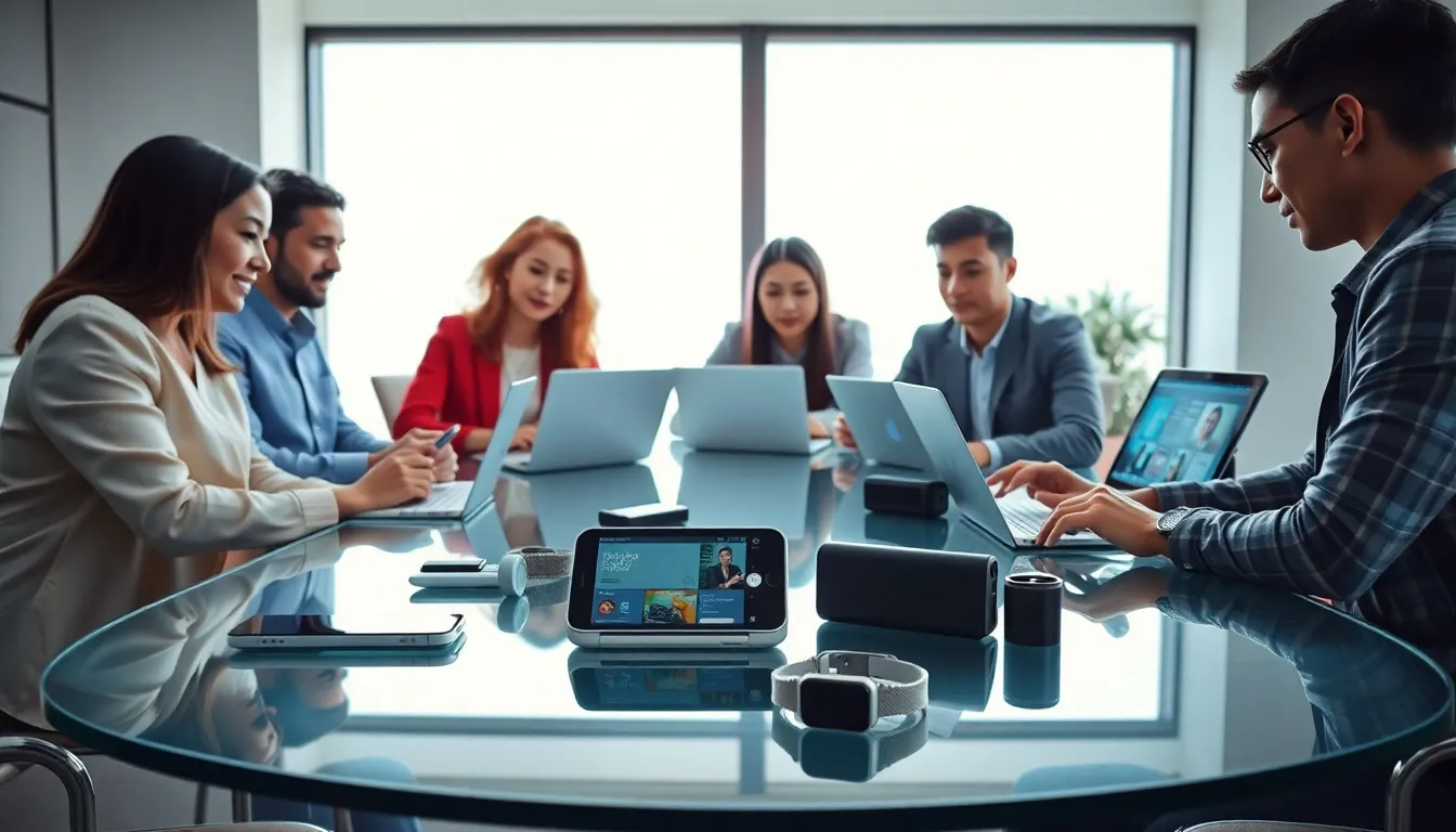 diverse professionals discussing consumer electronics in a modern office.