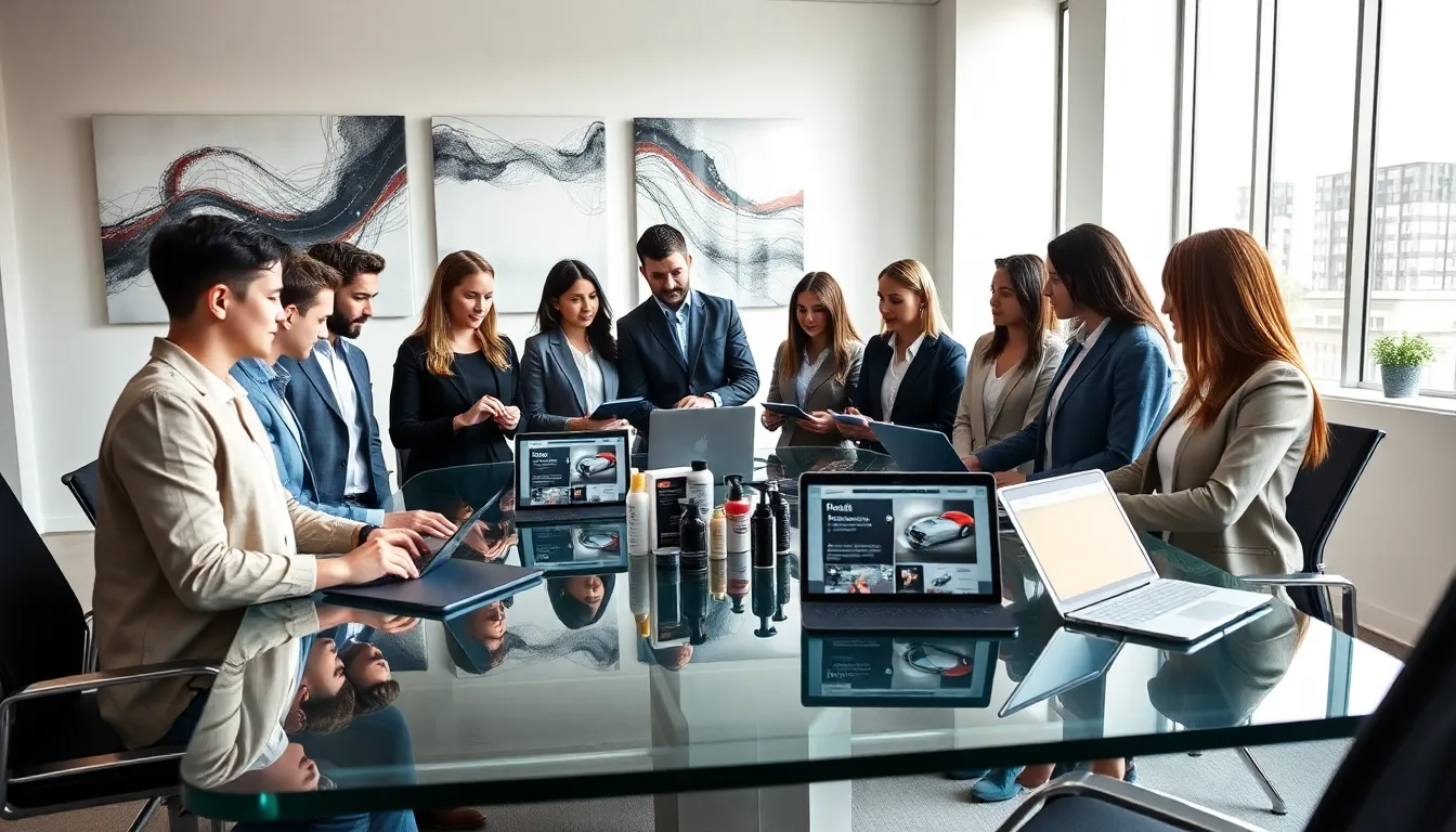 diverse team collaborating in a modern office about vehicle detailing products.