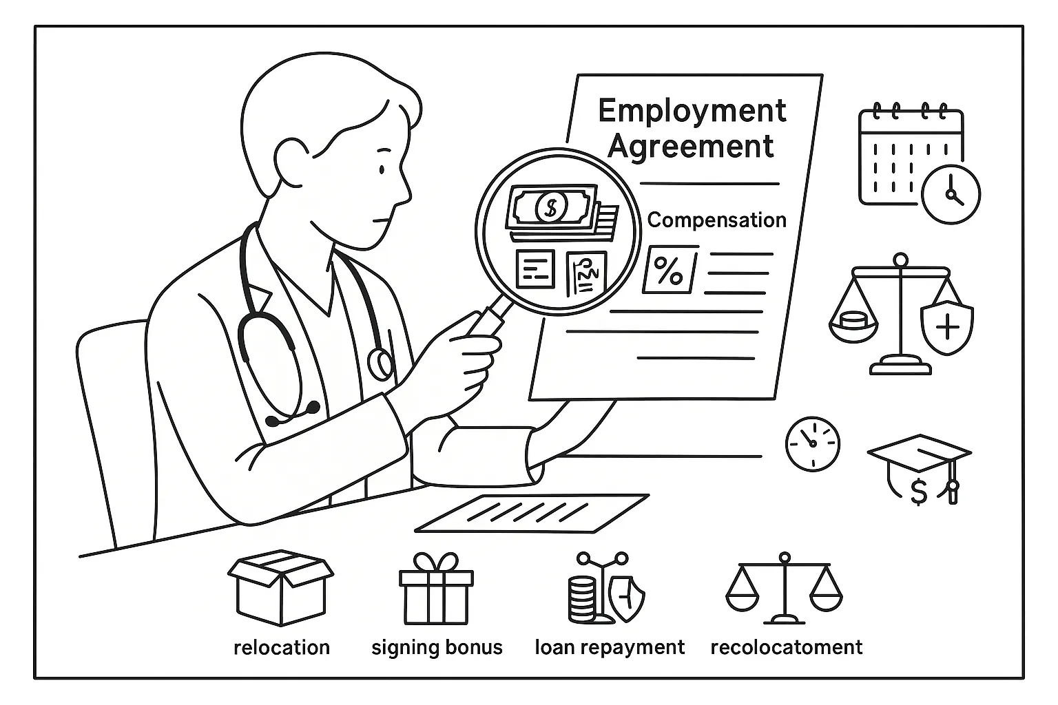A new physician assistant reviewing a compensation contract with magnifying glass.