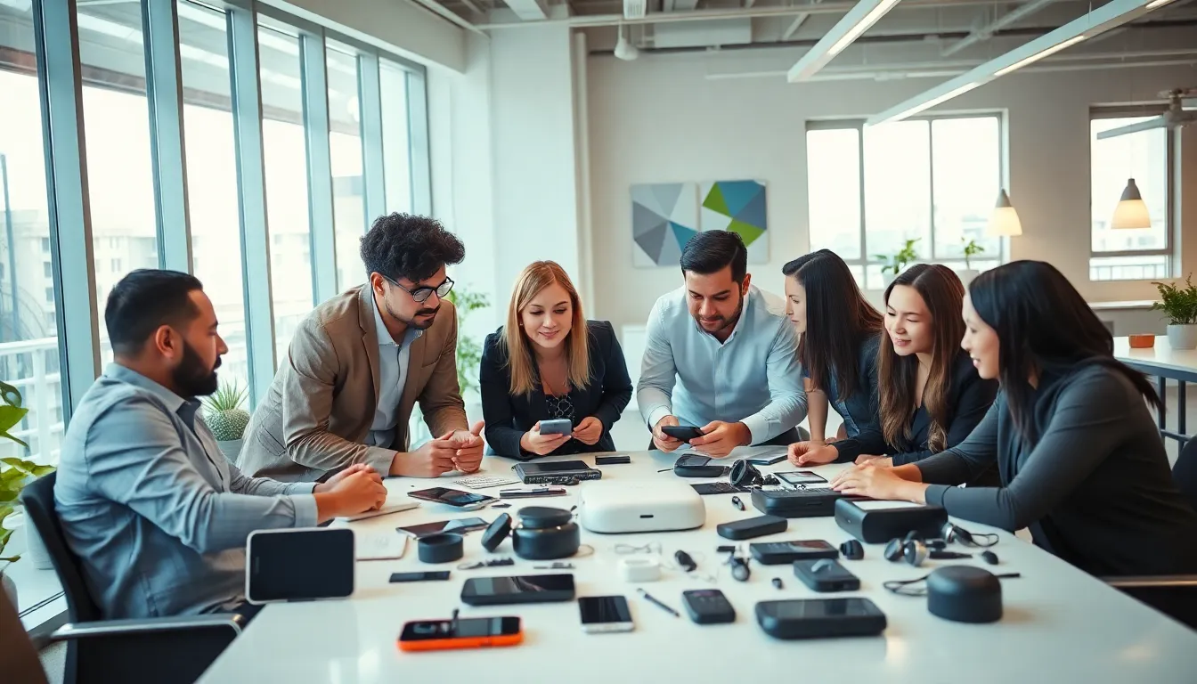 diverse team brainstorming about innovative gadgets in a modern office.