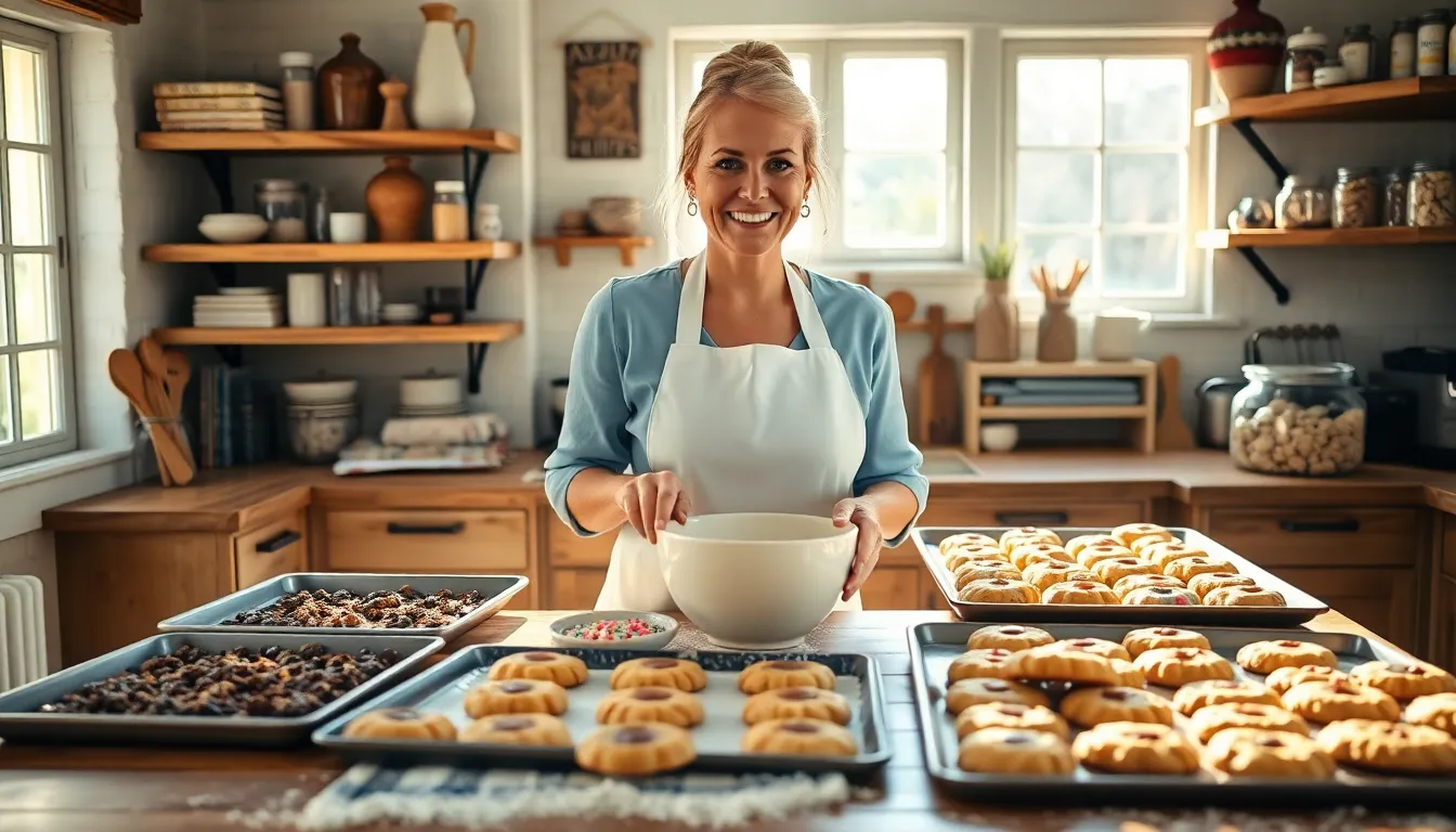 Mary baking cookies in a sunny kitchen, surrounded by ingredients and cookie sheets.