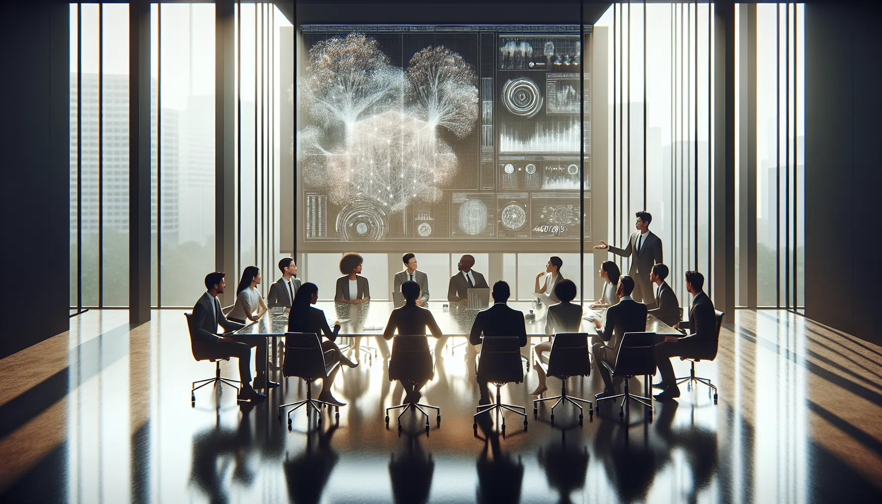 diverse professionals discussing data ethics in a modern office.