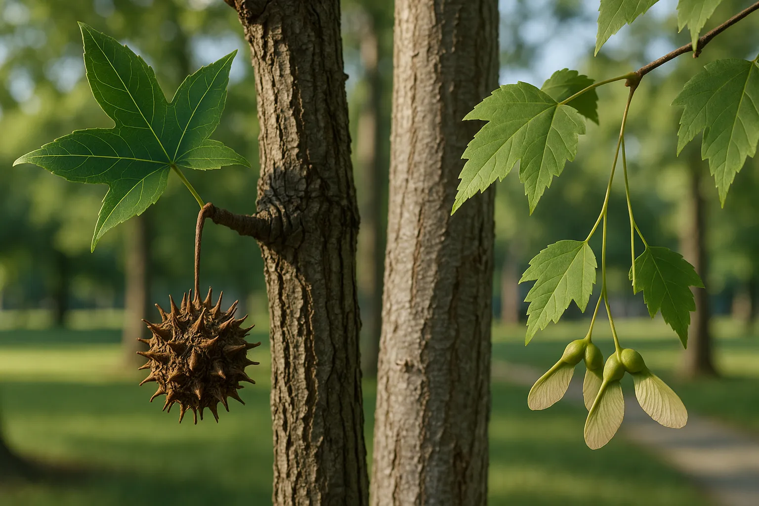 Close-up comparison of sweetgum and red maple leaves, bark, seedball, and samaras.