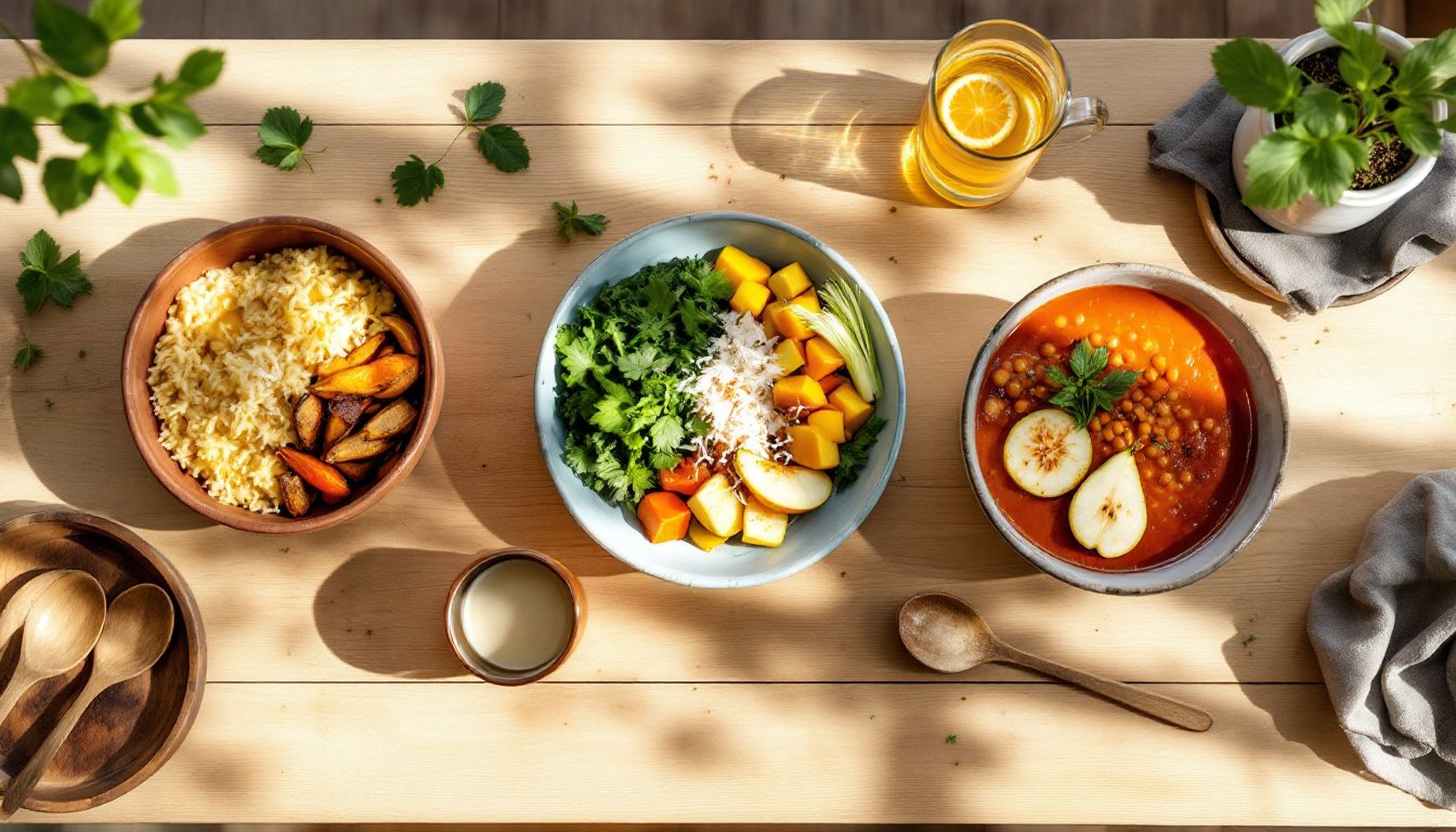 Three Ayurvedic dosha meals for Vata, Pitta, and Kapha arranged on a sunlit kitchen table.