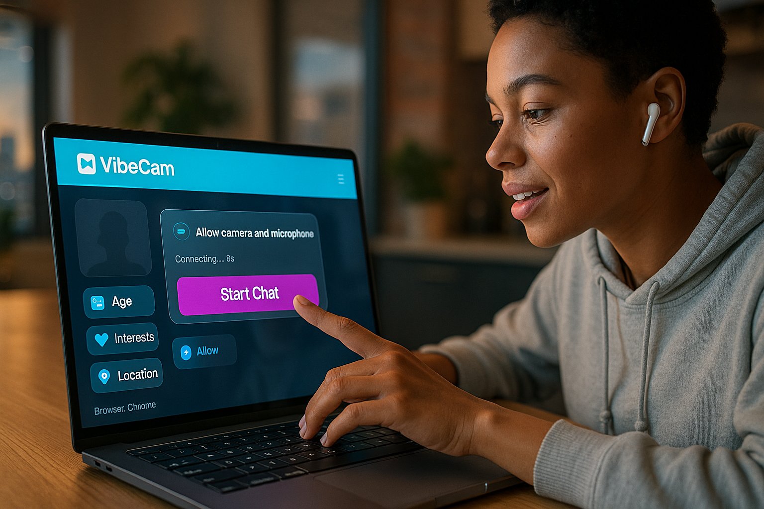 Person about to click Start Chat on VibeCam laptop interface