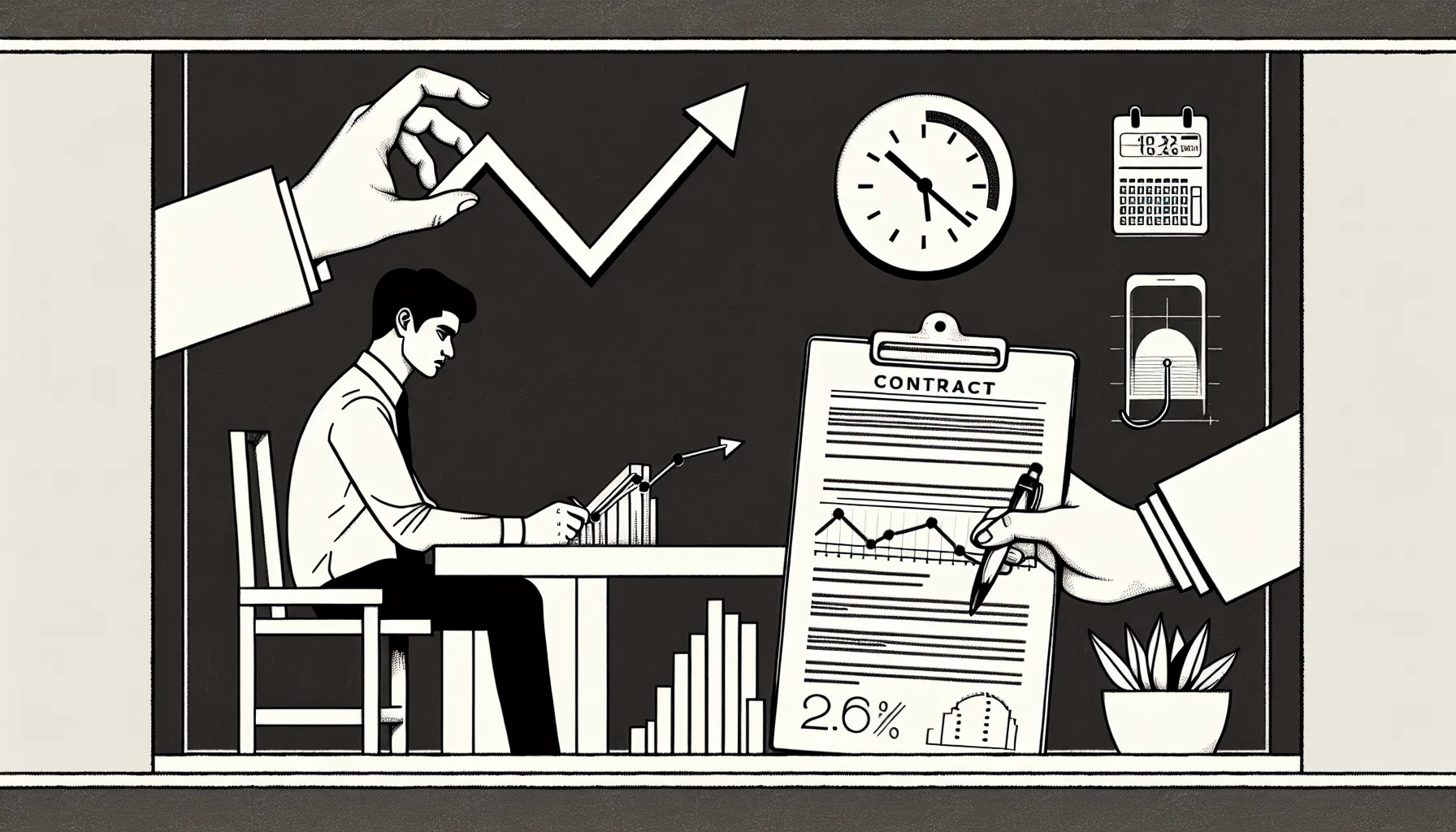 A clinician at desk with an unchanged contract while targets rise and paycheck shrinks.