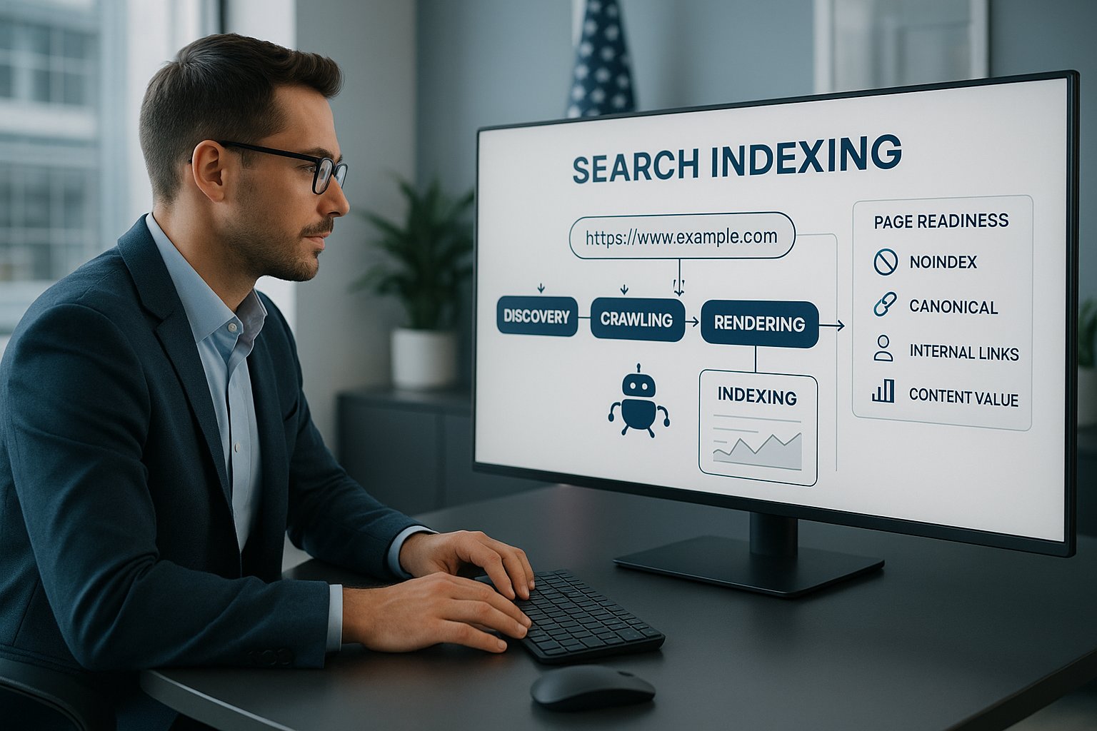 SEO specialist reviewing URL indexing workflow on a modern office screen.