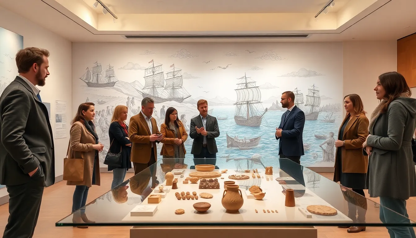 diverse historians discussing artifacts in a modern museum setting.