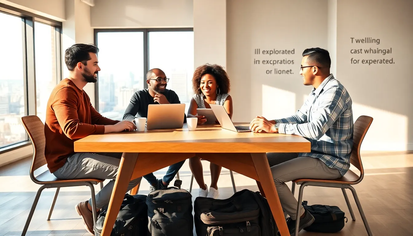 diverse group discussing in a modern co-working space.