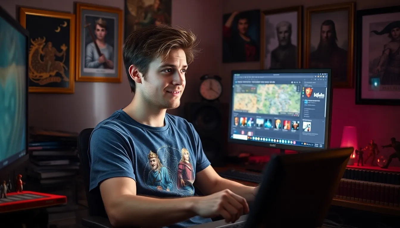 A young man using CK2Generator on his computer in a cozy room.