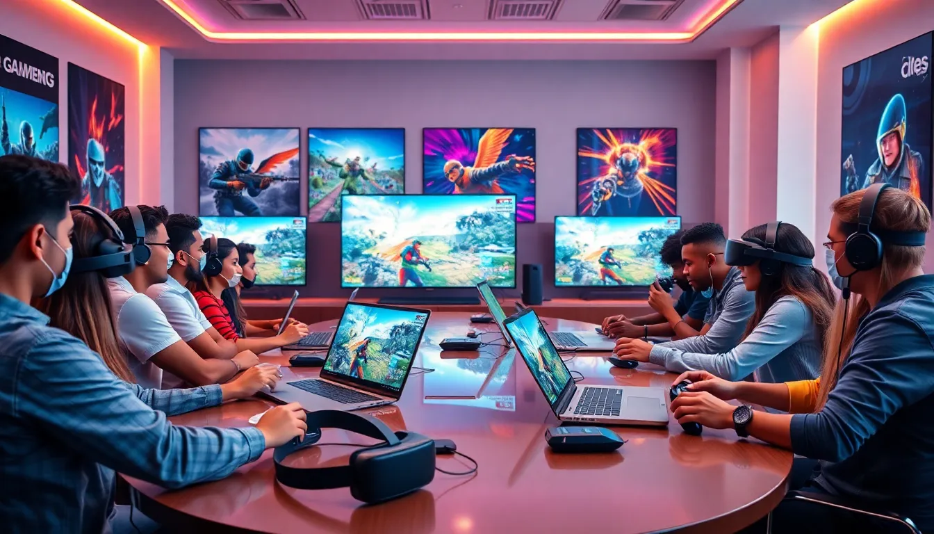 diverse gamers engaging with modern video games in a sleek lounge.