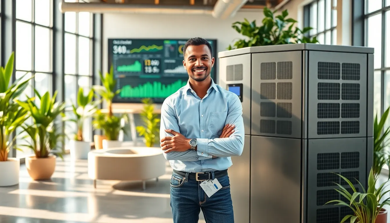 an engineer showcasing advanced energy storage solutions in a modern office.