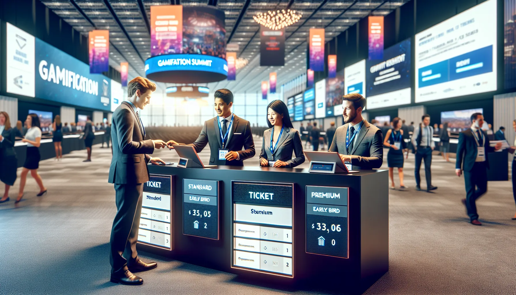 diverse team at a conference ticketing desk discussing ticket packages.