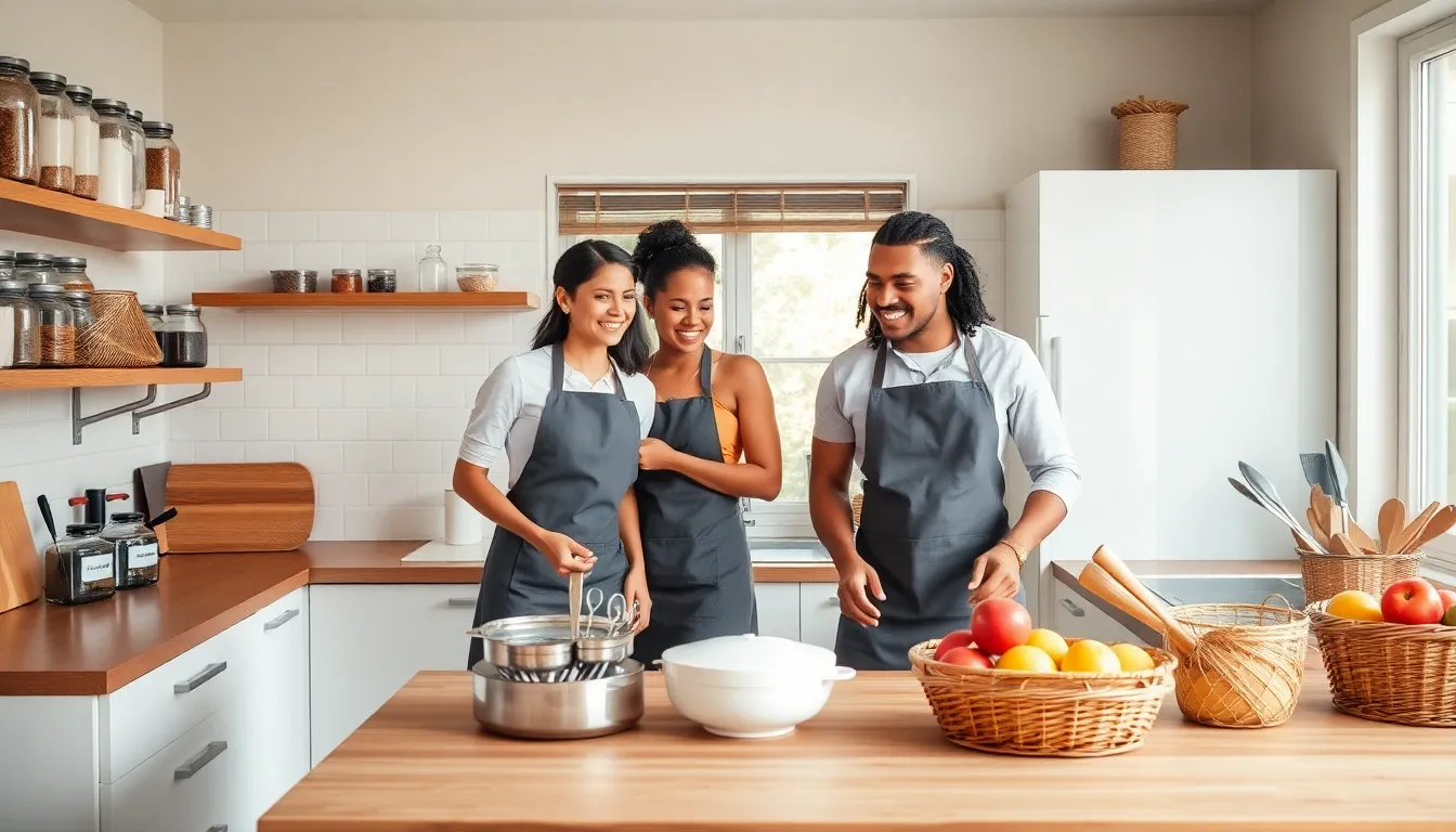 three people organizing a modern kitchen with DIY storage solutions.