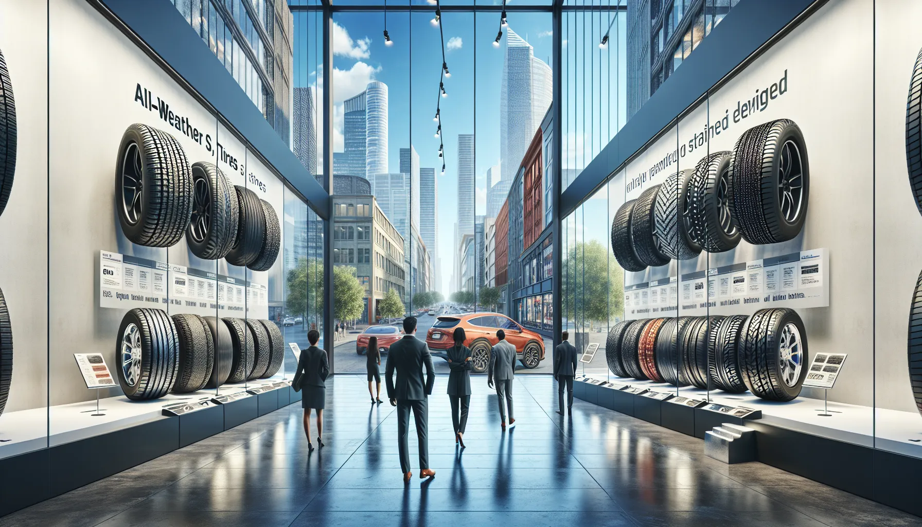 A comparison of all-weather and all-season tires in a showroom setting.