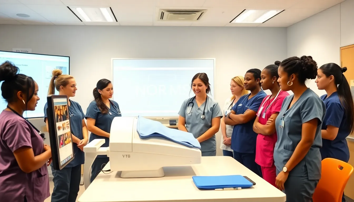 diverse nursing students in a modern classroom practicing skills.