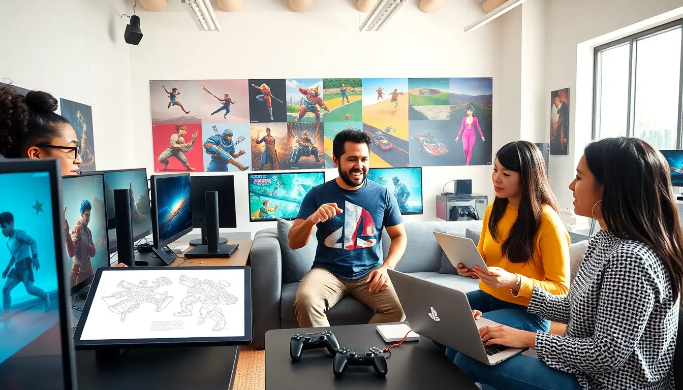 game developers collaborating in a modern video game studio.