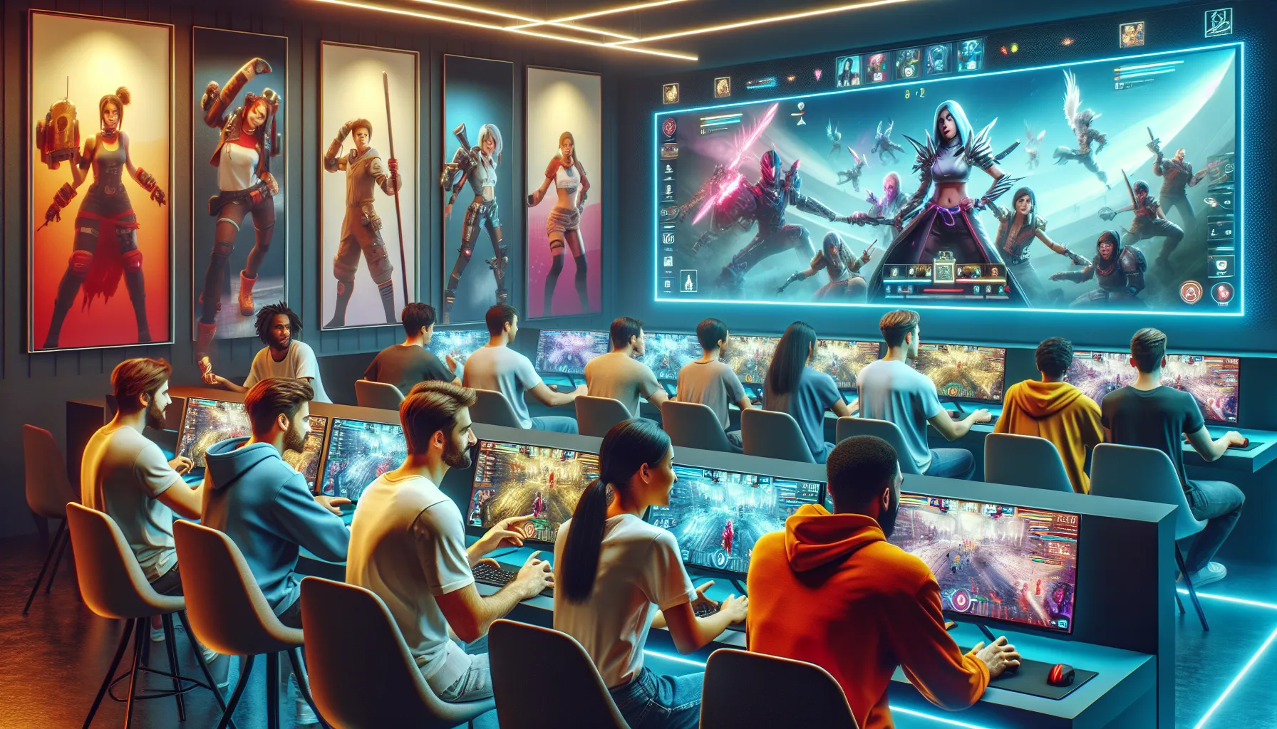 diverse gamers collaborating in a modern gaming lounge.