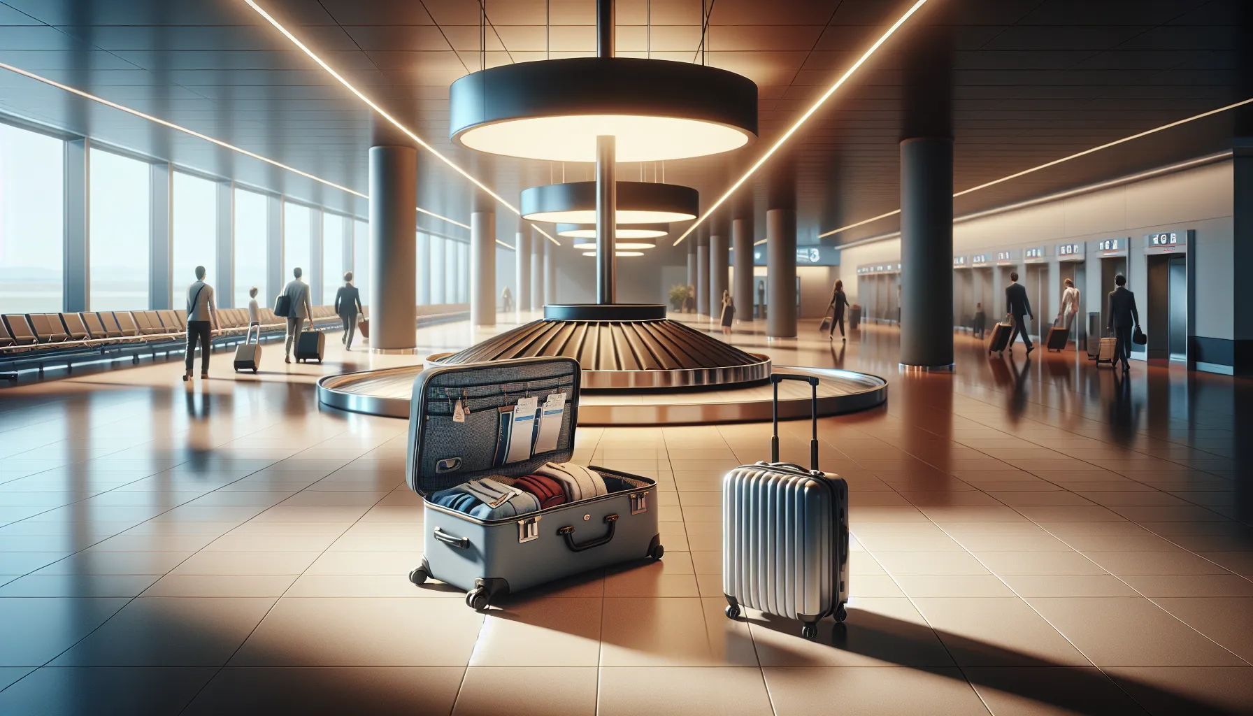 Checked and carry-on luggage displayed in an airport setting.
