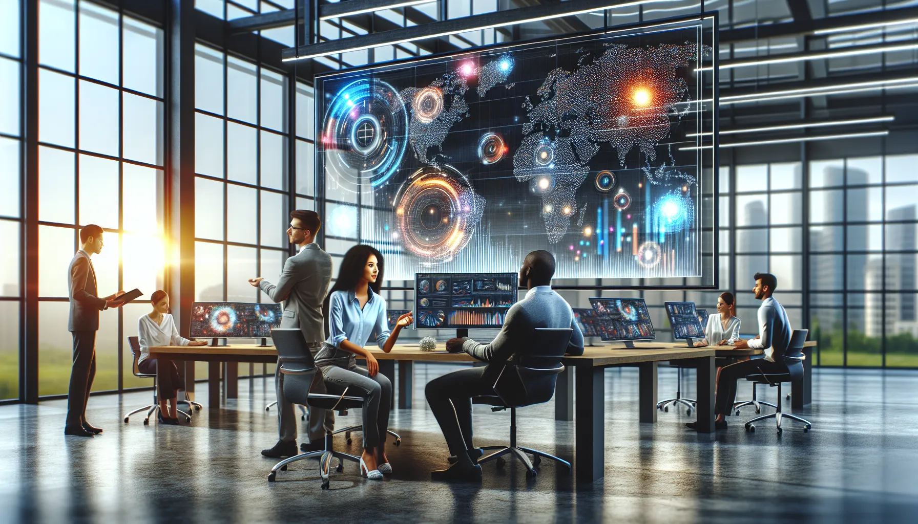 diverse team collaborating over data analytics in a modern office.