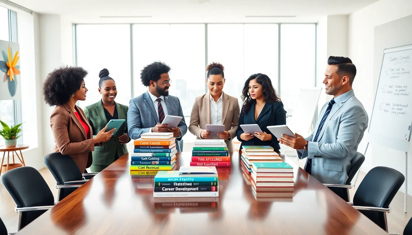 diverse team discussing career development in a modern office.