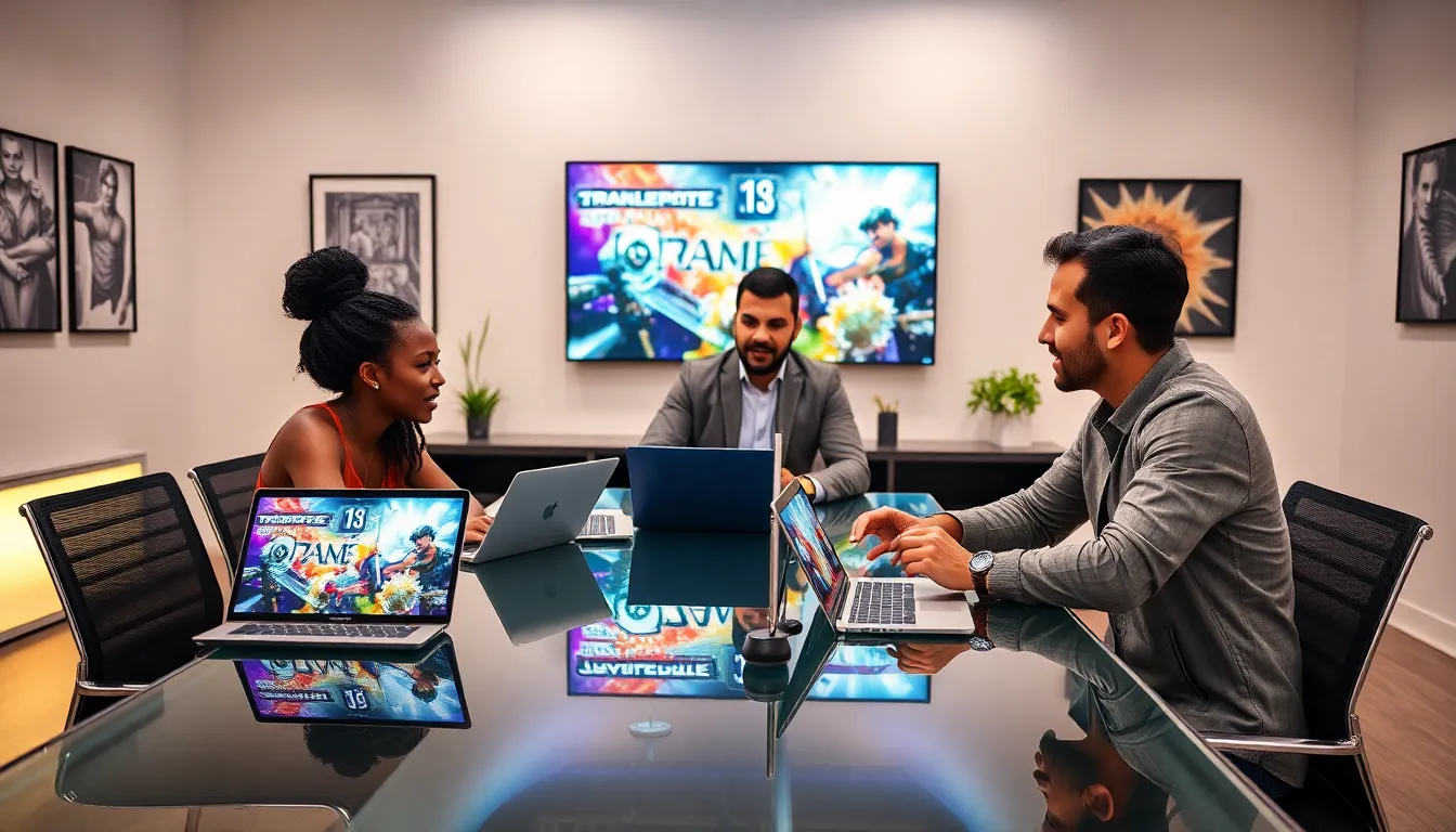 diverse team discussing gaming projects in a modern creative workspace.