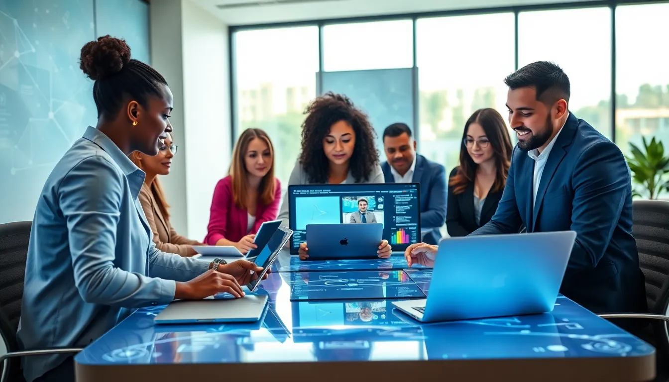 professionals collaborating around laptops in a modern workspace.