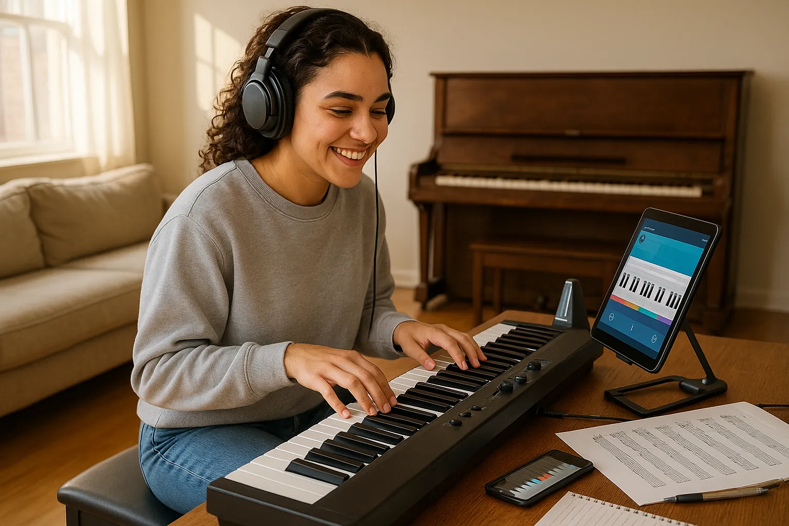 young beginner playing a portable keyboard with tablet lesson and headphones