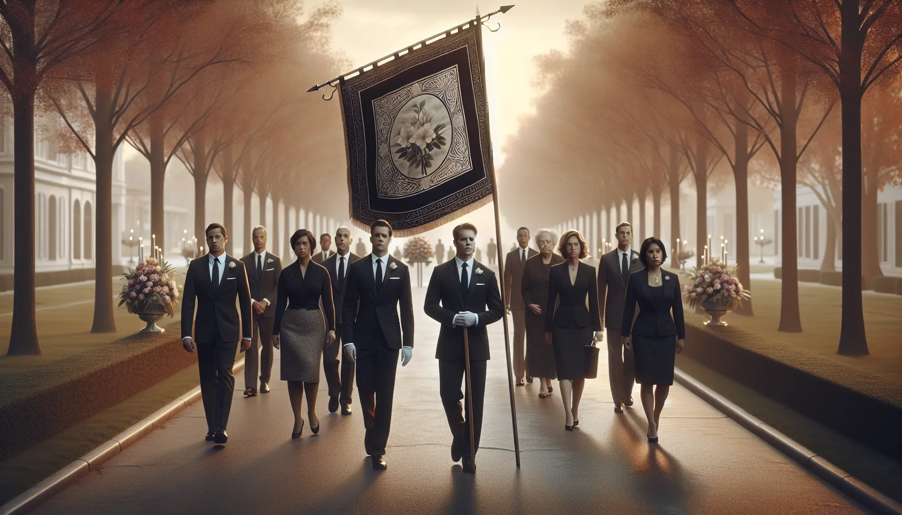 funeral procession with a prominently displayed uitvaartstoetvlag.