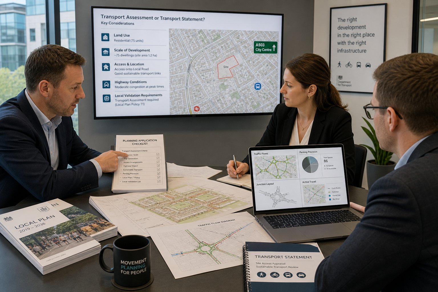 UK consultants reviewing transport planning requirements in a modern office.