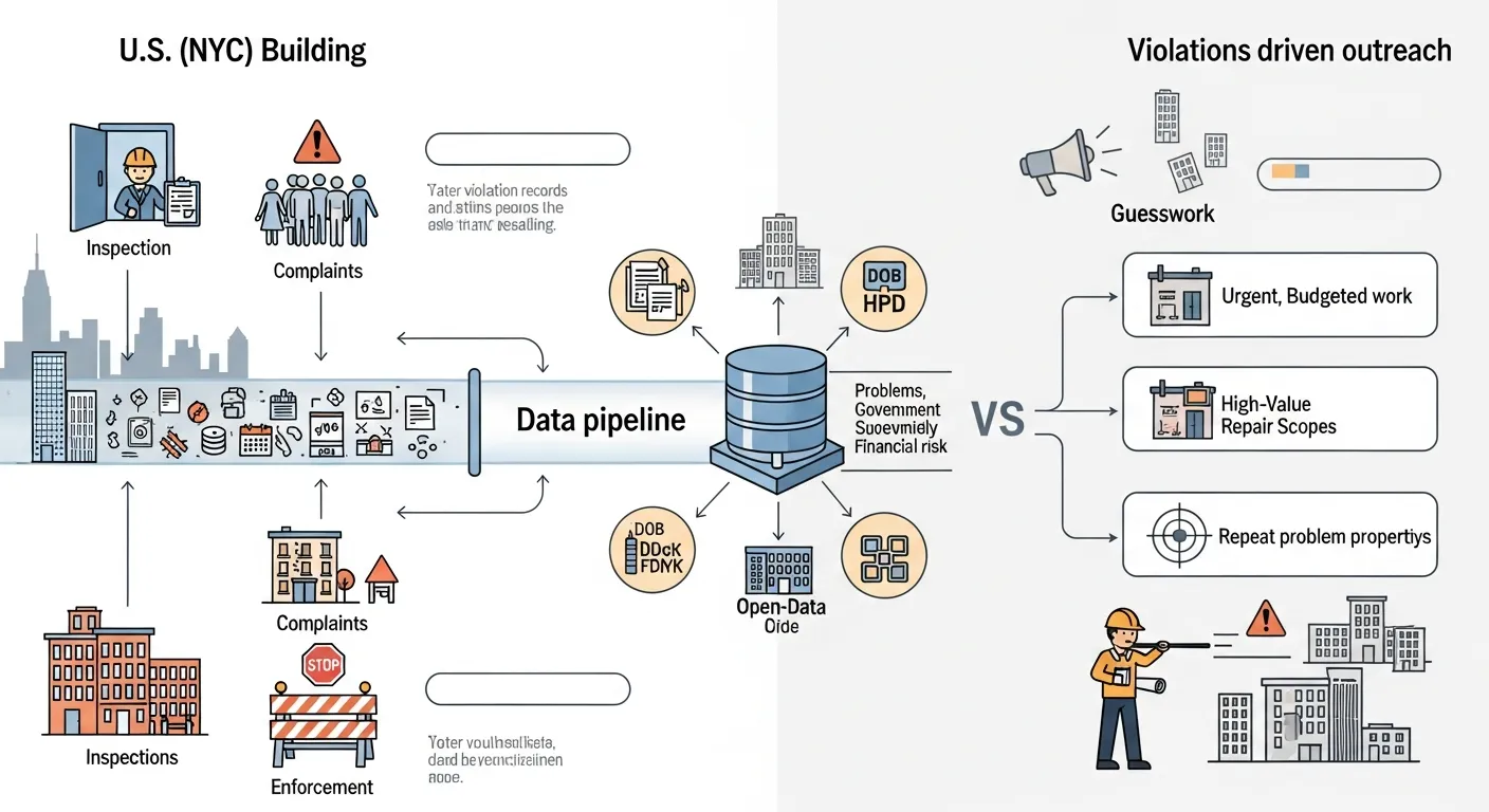 Infographic showing how NYC building violation data turns into targeted repair leads for contractors.