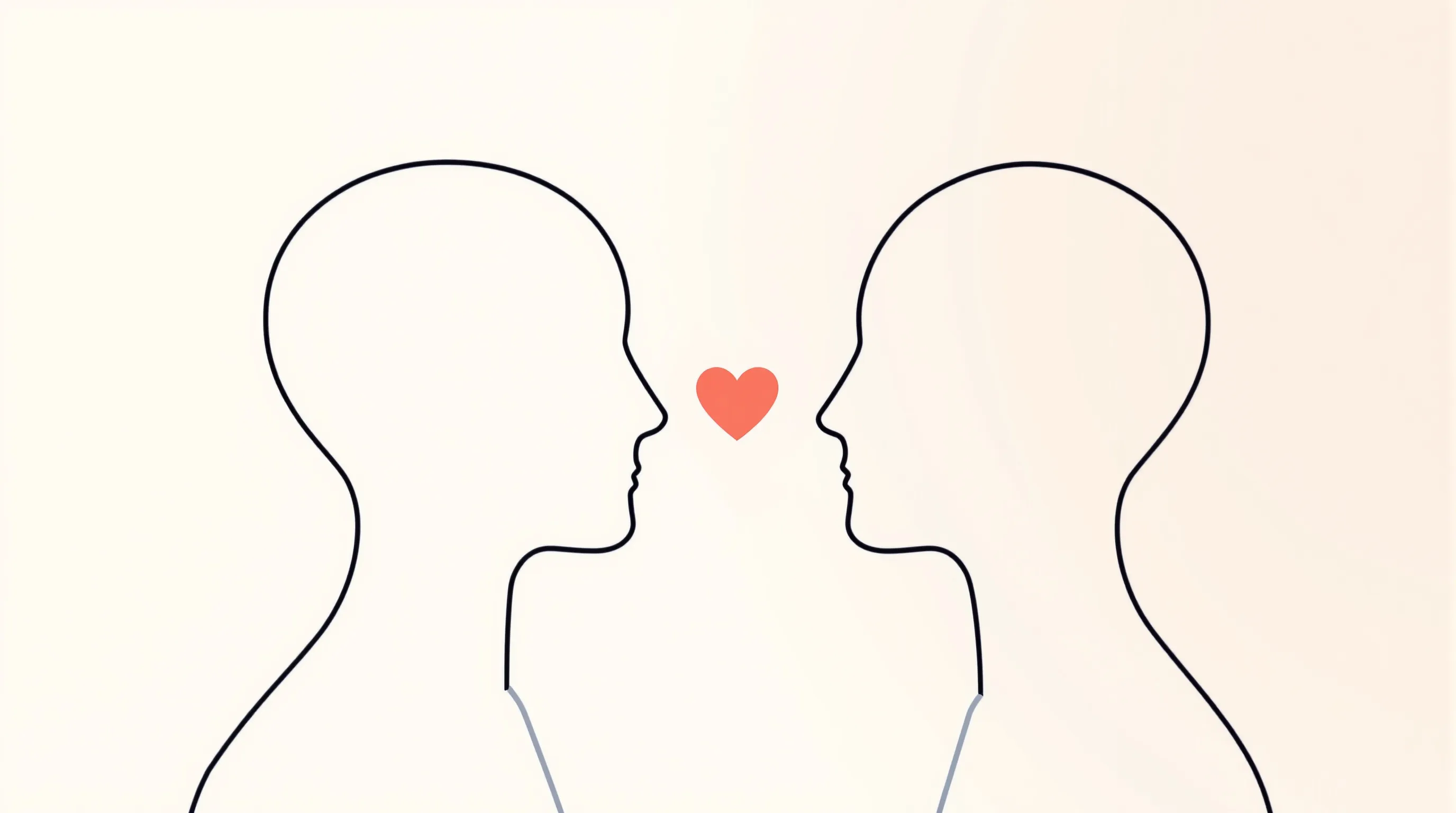 Two minimal silhouettes facing each other with a small heart symbol between them.