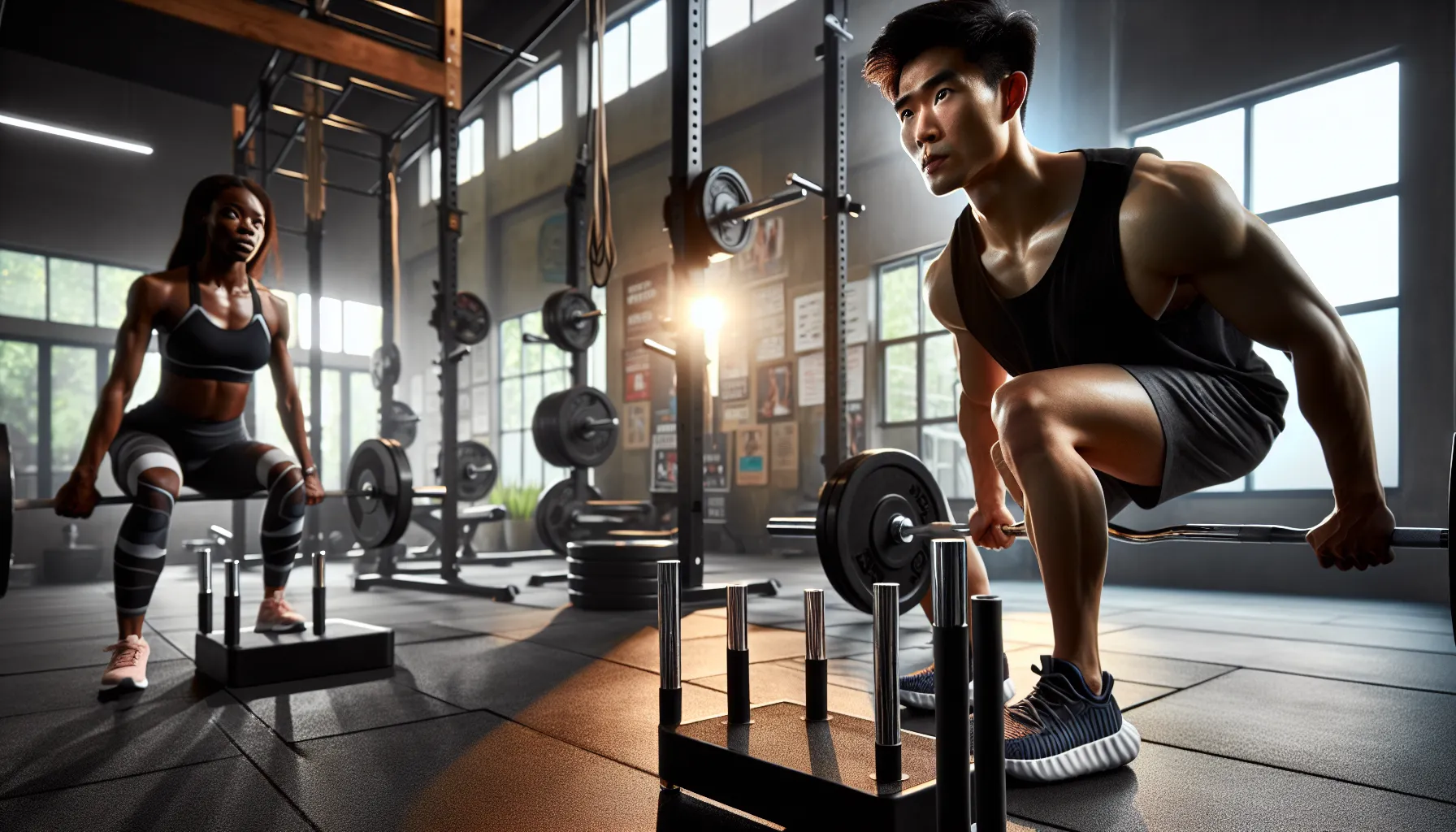Individuals performing isolation and compound exercises in a gym.