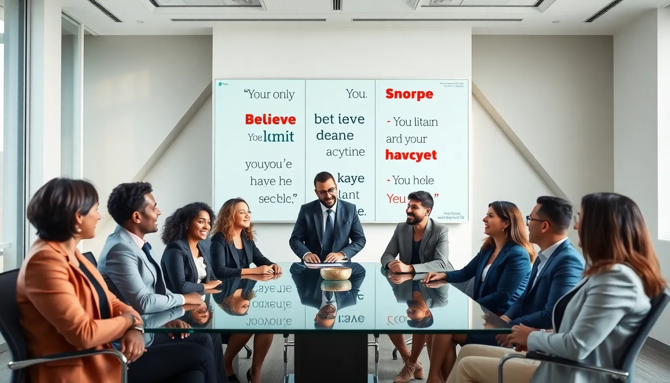 diverse professionals discussing self-help quotes in a modern office.