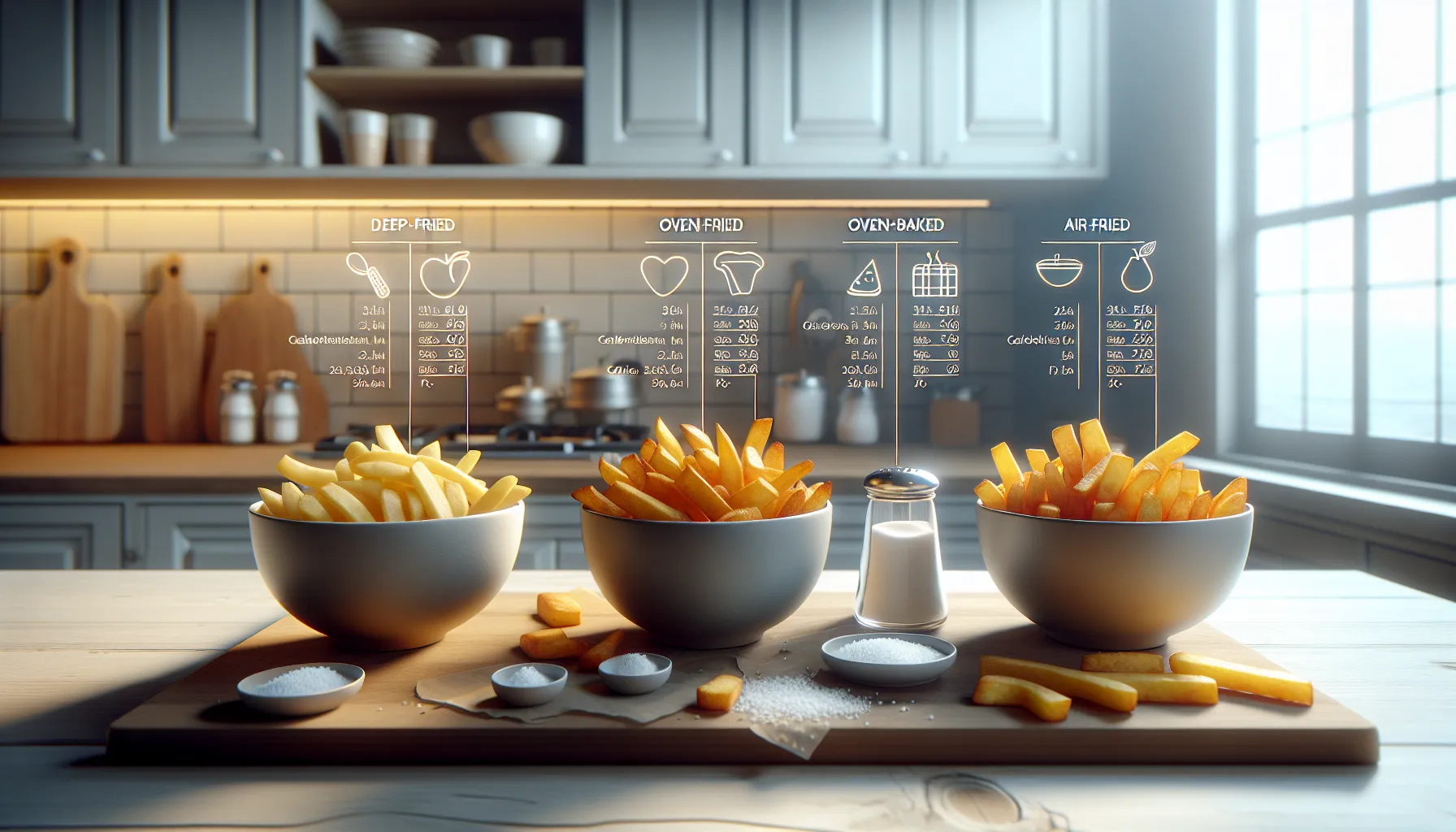 Three types of fries with nutrition info in a modern Croatian kitchen.