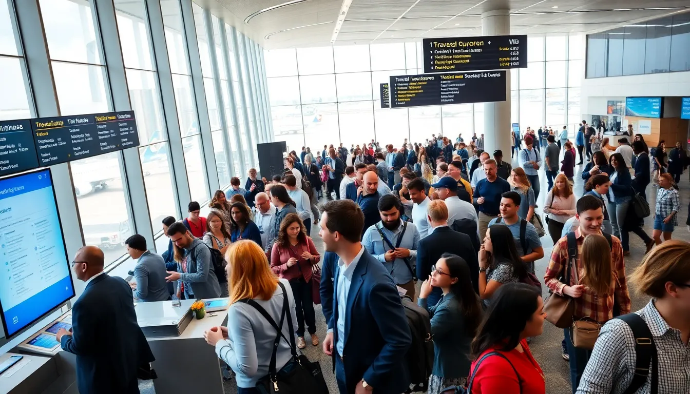 busy airport terminal with diverse travelers and modern design.
