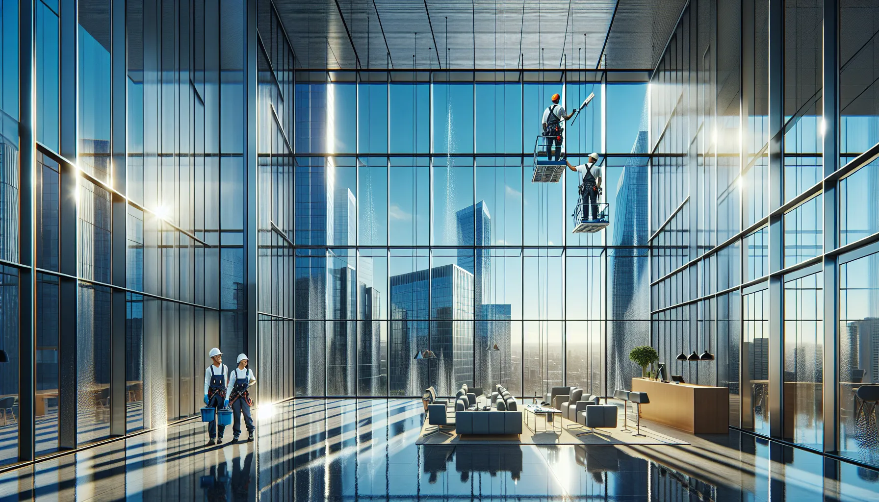 Professionals cleaning large office windows in a bright, modern business district.
