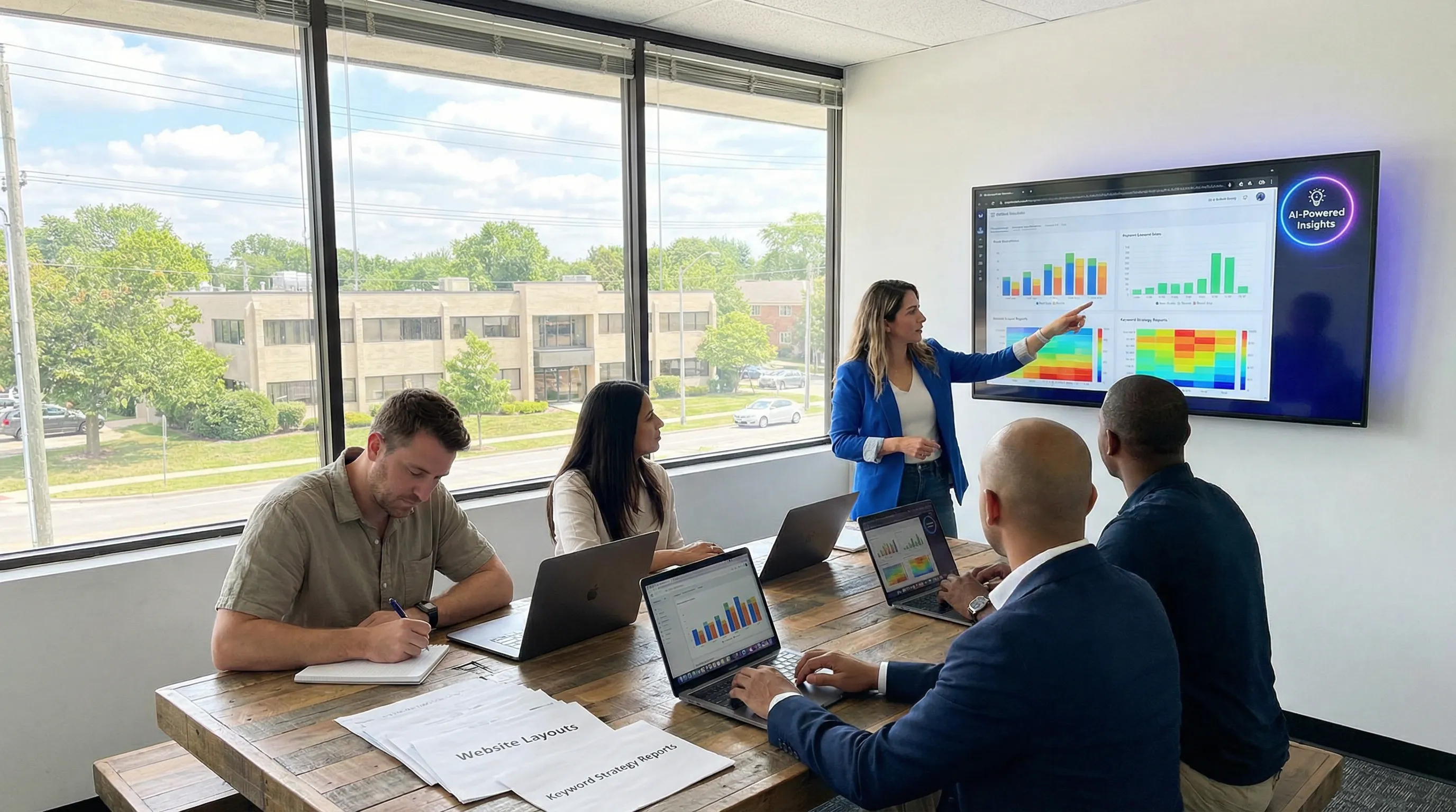 Team of local digital marketing professionals in a bright office collaborating over laptops and analytics visuals, planning SEO strategies for community businesses.