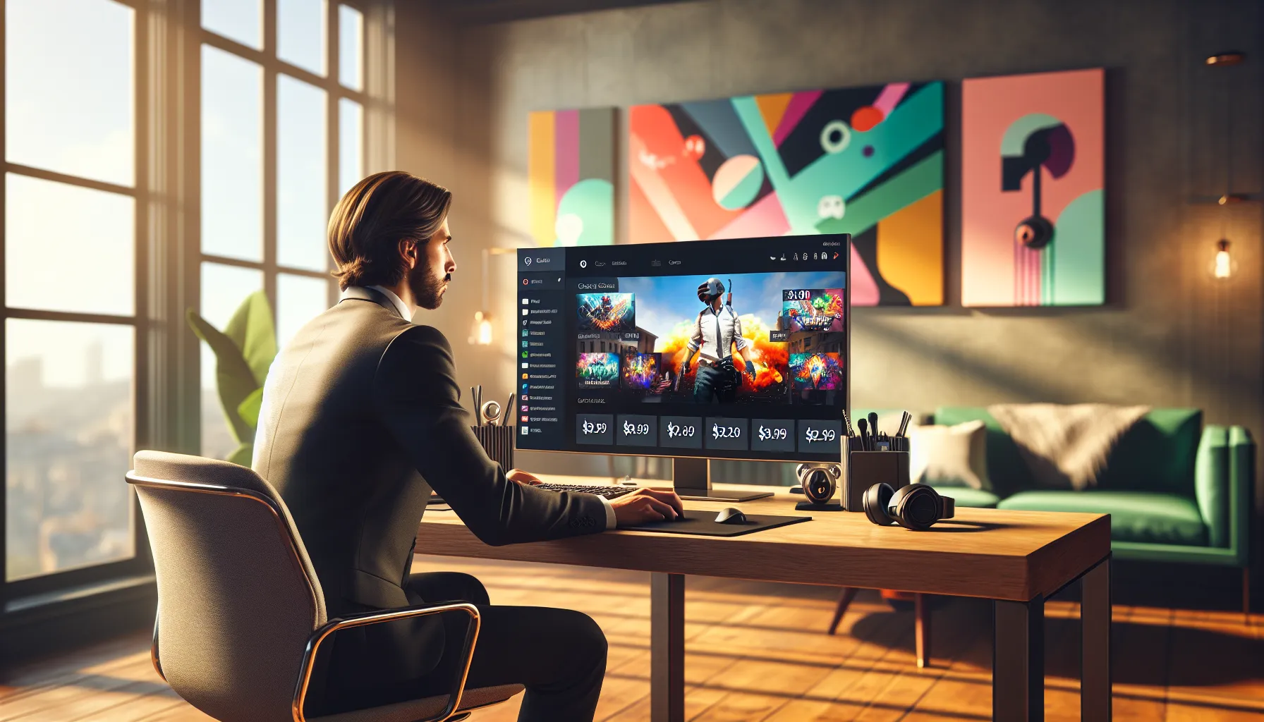 professional reviewing game pricing at a modern desk.