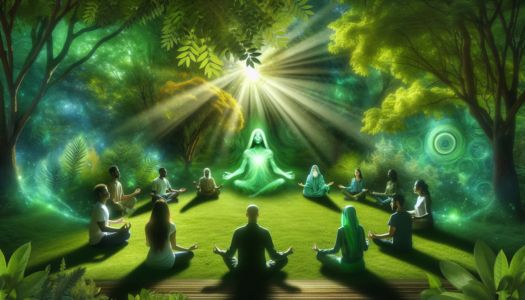 diverse individuals meditating outdoors, radiating an emerald aura.