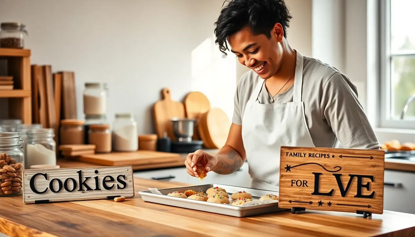 baker decorating cookies in a warm, inviting kitchen.