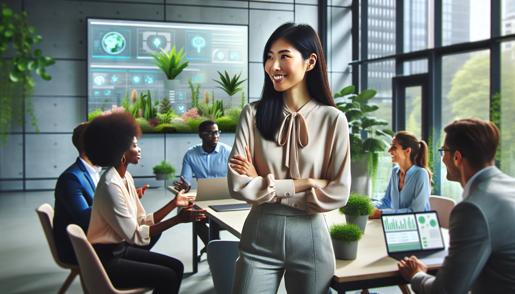 professional woman discussing sustainable tech in a modern office.