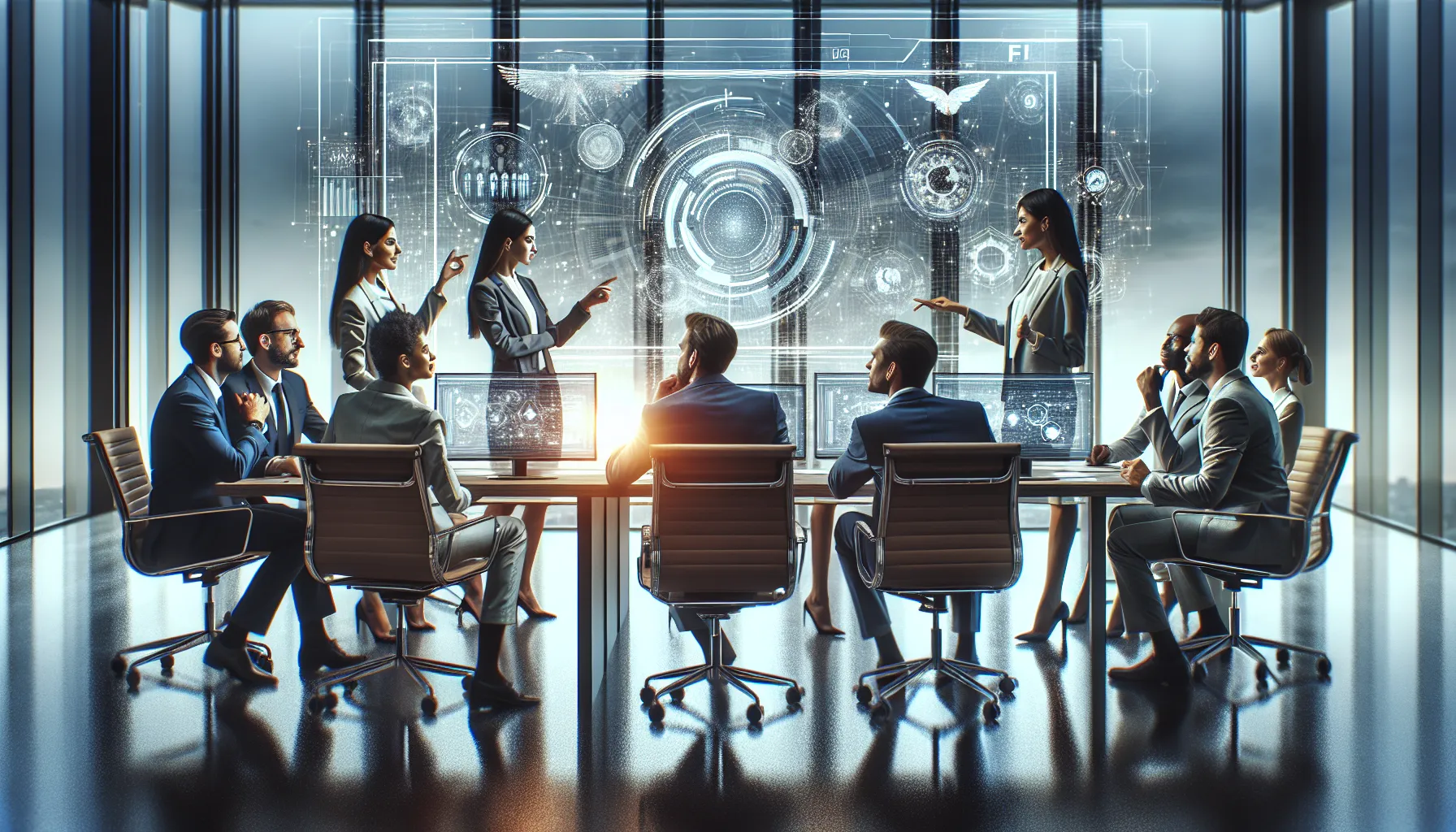 diverse professionals discussing a complex concept in a modern office.