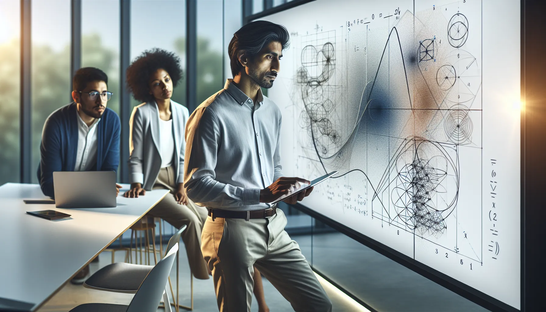 mathematicians discussing number patterns in a modern office.