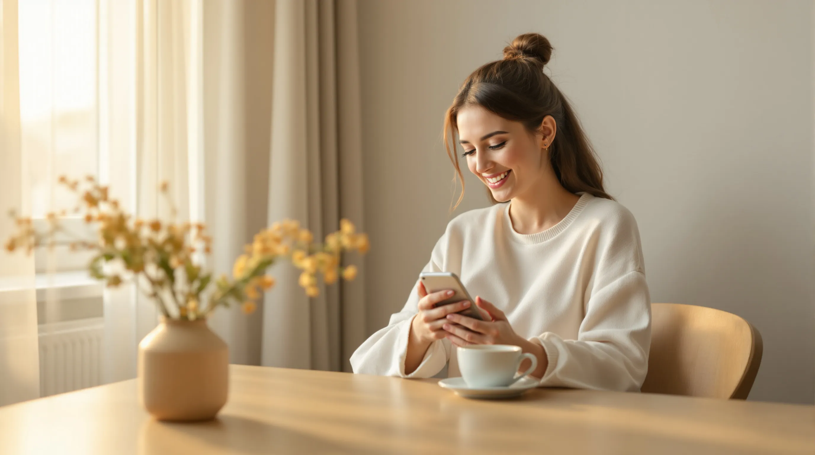 Woman smiling at phone with coffee in cozy morning setting.
