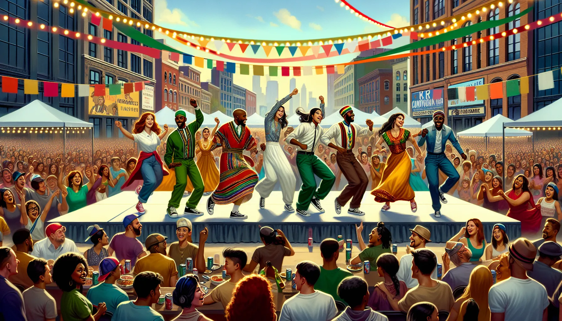 diverse performers celebrating at a vibrant festival in an urban setting.