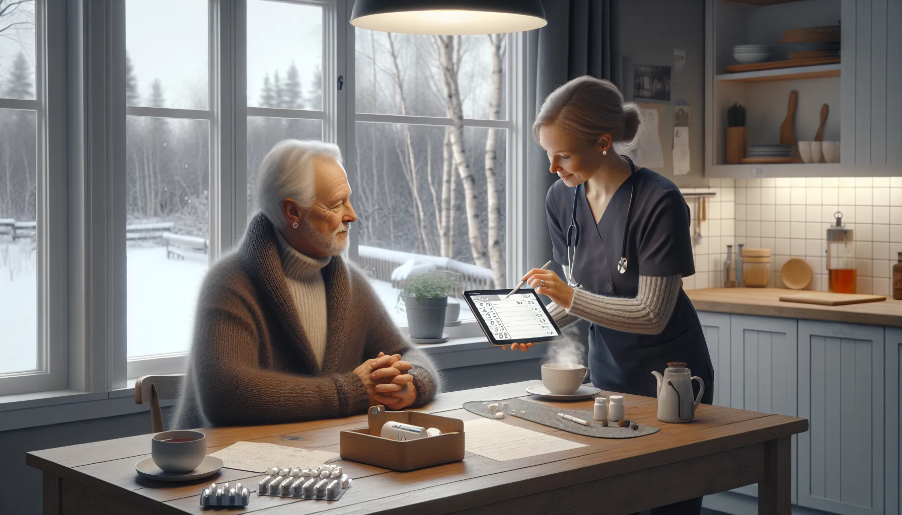 Norwegian caregiver planning care with patient and nurse at kitchen table.