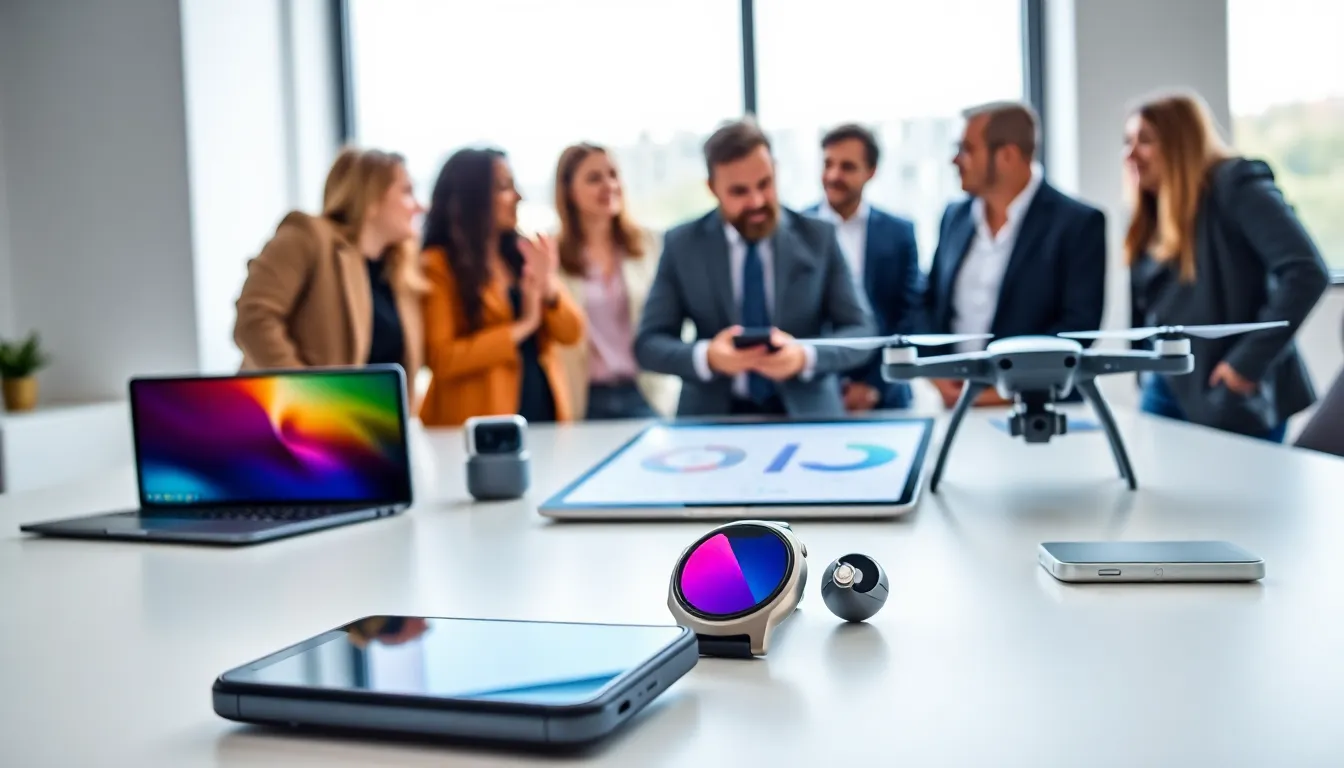 modern workspace showcasing innovative gadgets and professionals collaborating.