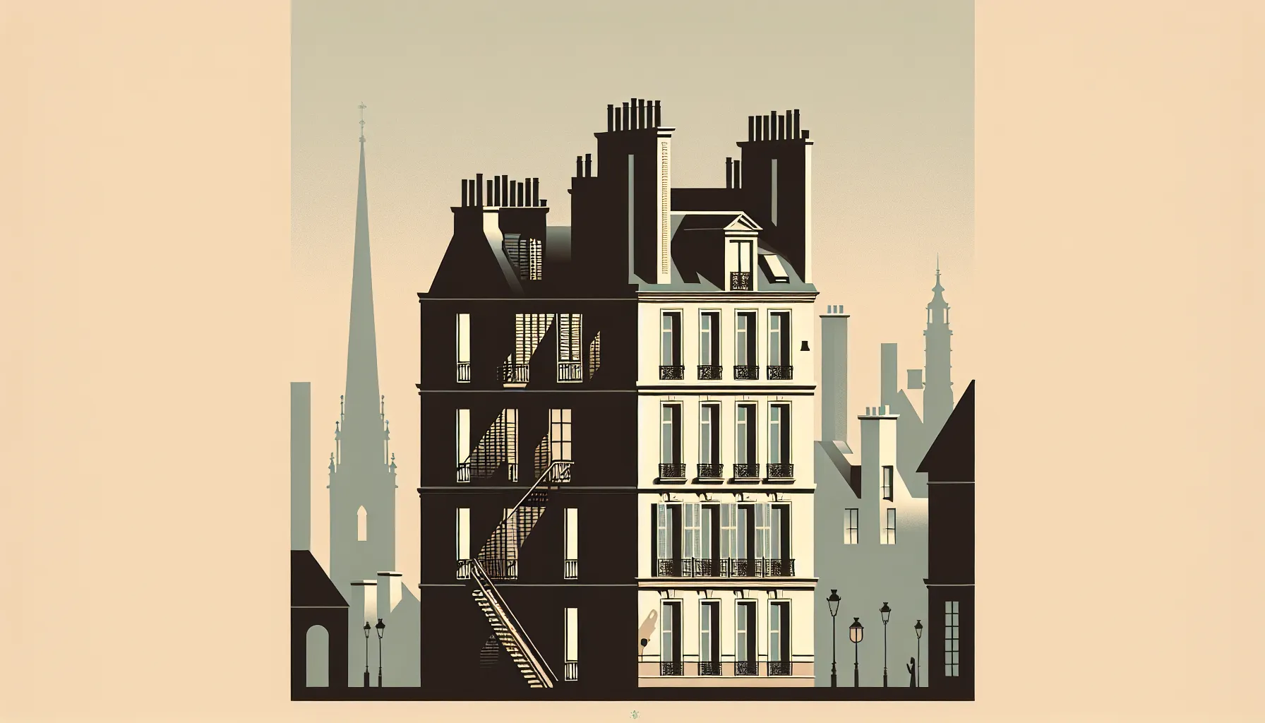 Old Parisian boarding house silhouette representing social contrasts in 1819 France.
